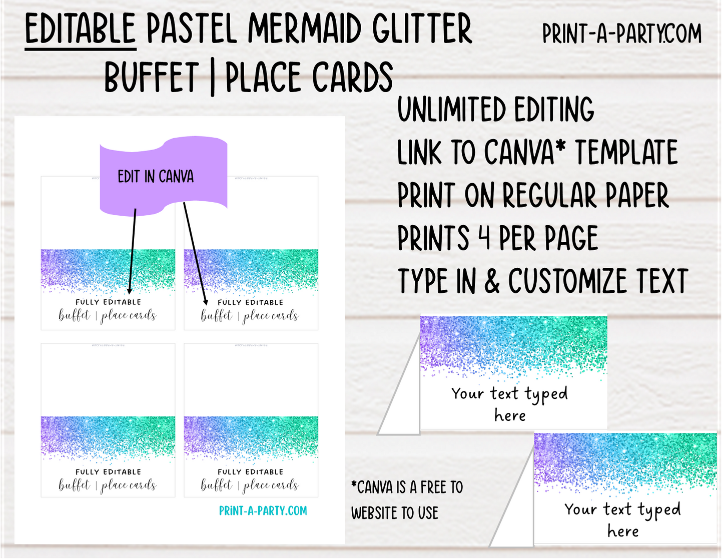 DIY Printable or Editable Buffet Food Label Cards or Seating Place Cards | GLITTER Theme Designs | Place Card Signs | Buffet Labels | Food Labels | Party Labels | Birthdays | Weddings | Showers | Babies