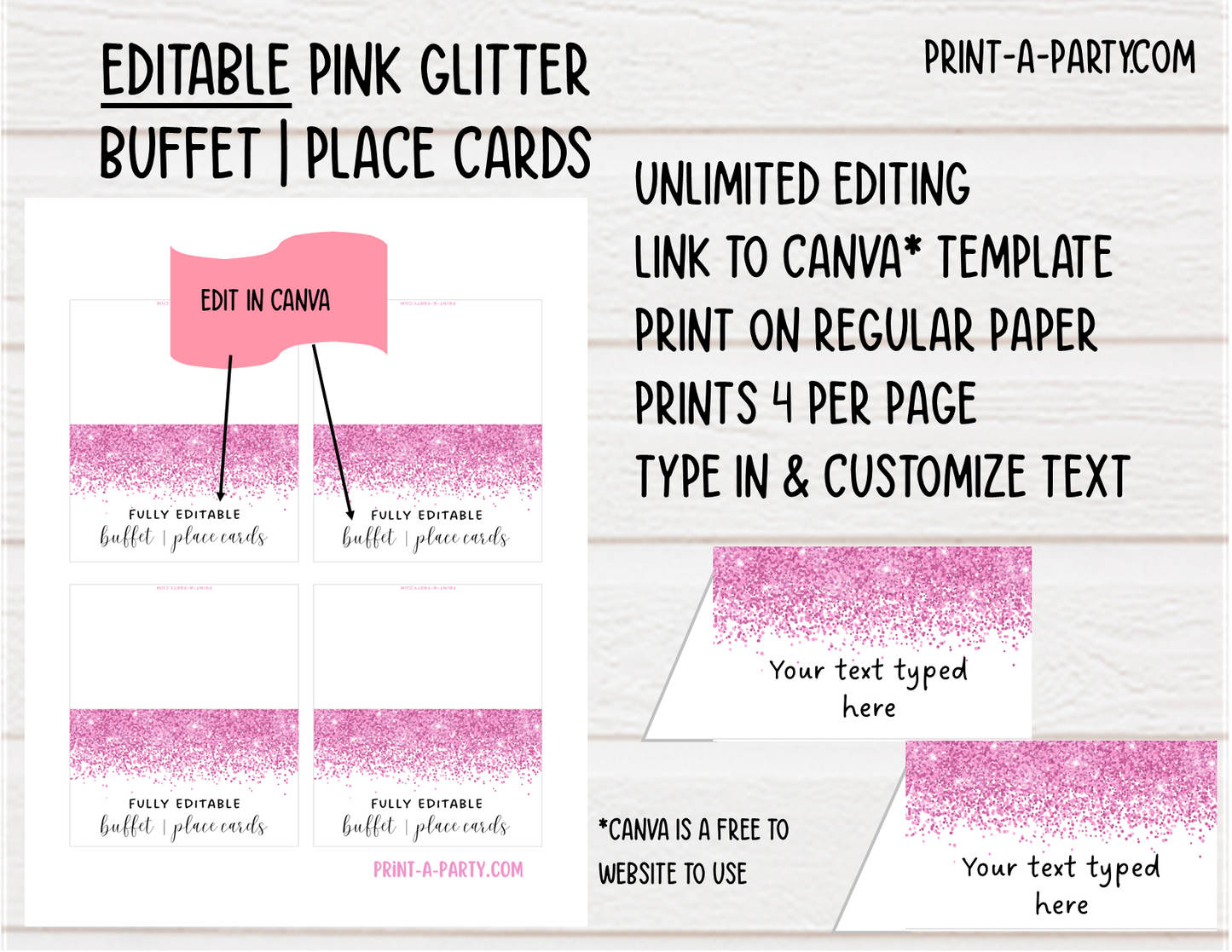 DIY Printable or Editable Buffet Food Label Cards or Seating Place Cards | GLITTER Theme Designs | Place Card Signs | Buffet Labels | Food Labels | Party Labels | Birthdays | Weddings | Showers | Babies