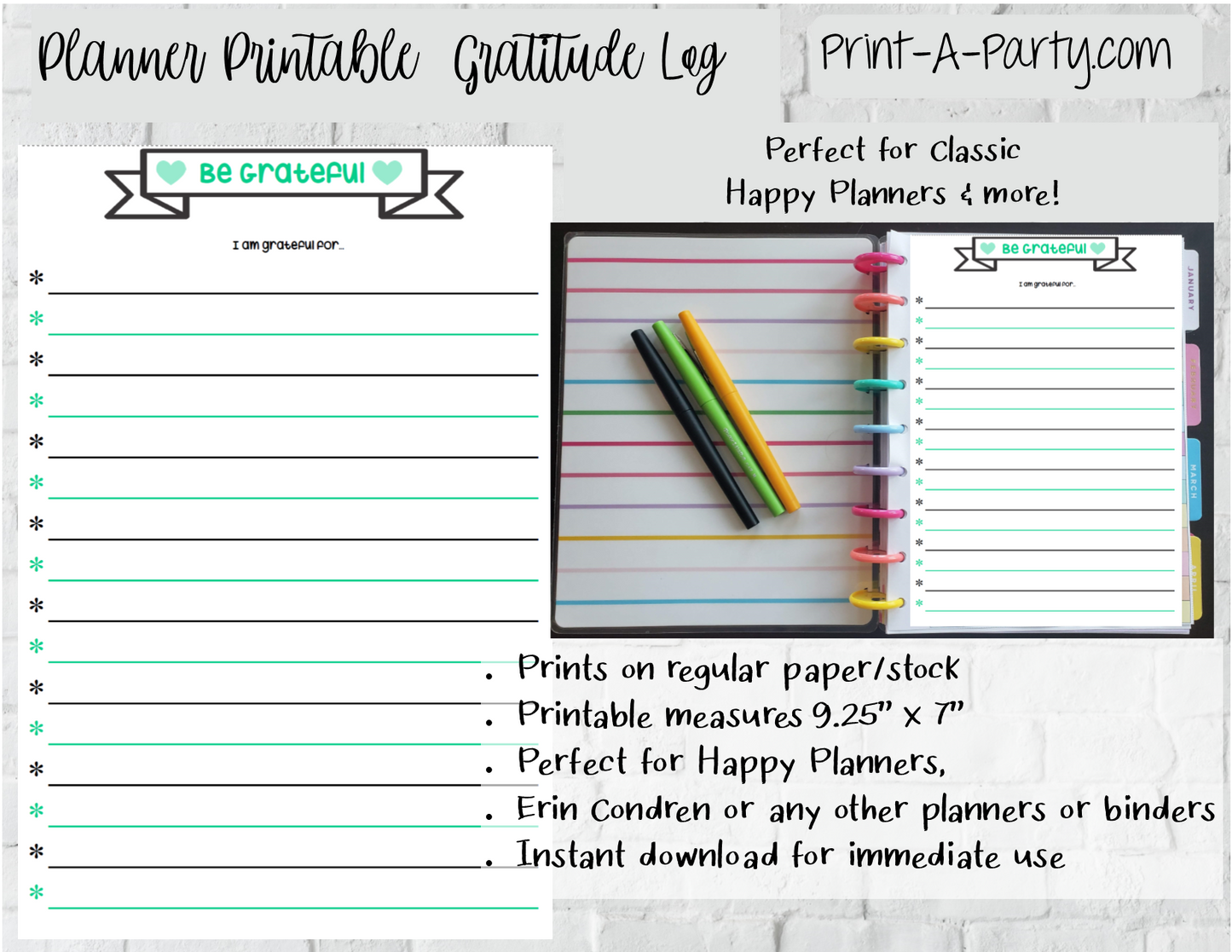 Gratitude Log Page | Planner List | Classic Happy Planner | Planner Printable