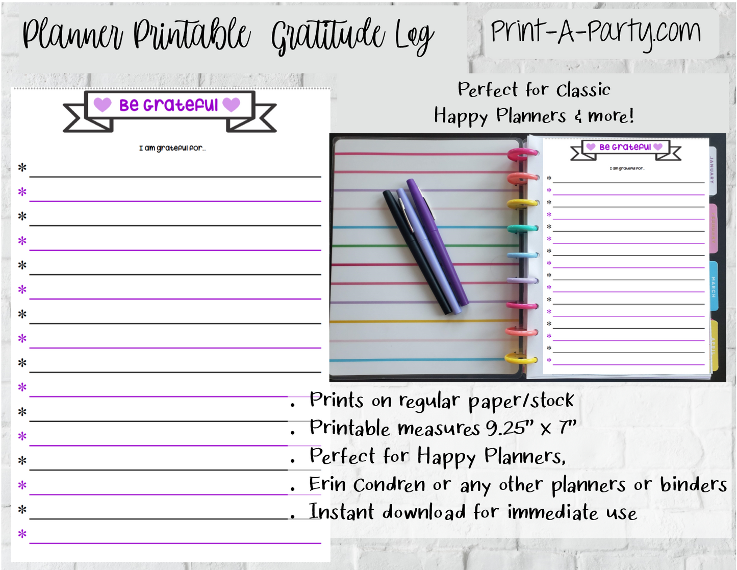 Gratitude Log Page | Planner List | Classic Happy Planner | Planner Printable