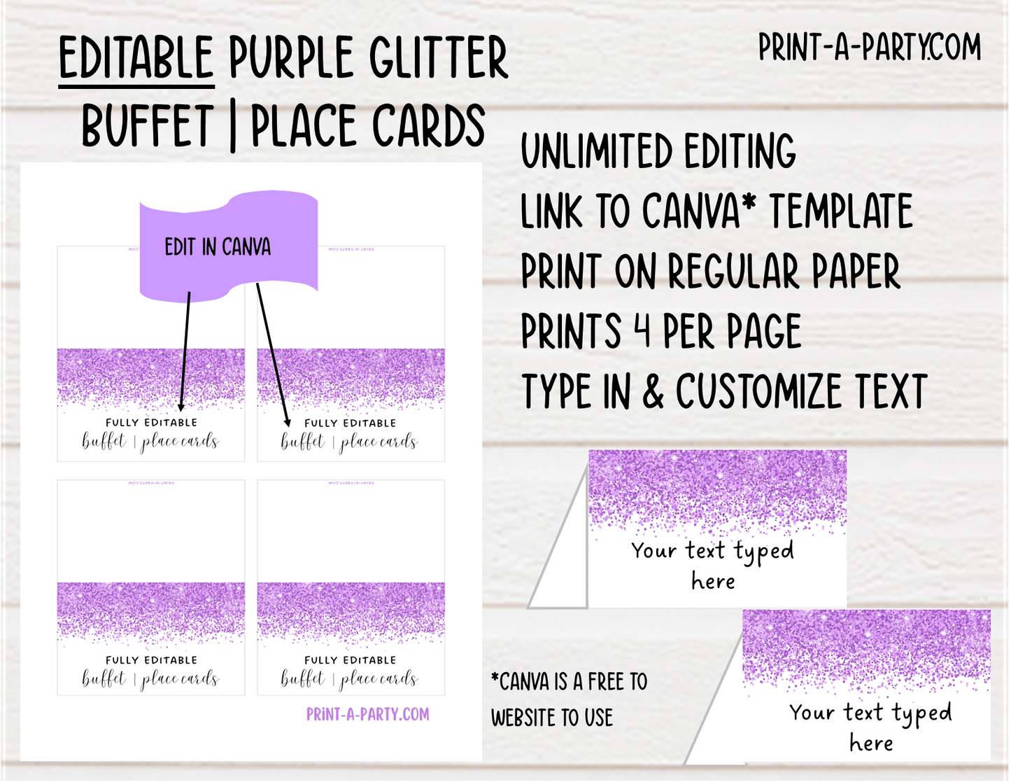 DIY Printable or Editable Buffet Food Label Cards or Seating Place Cards | GLITTER Theme Designs | Place Card Signs | Buffet Labels | Food Labels | Party Labels | Birthdays | Weddings | Showers | Babies