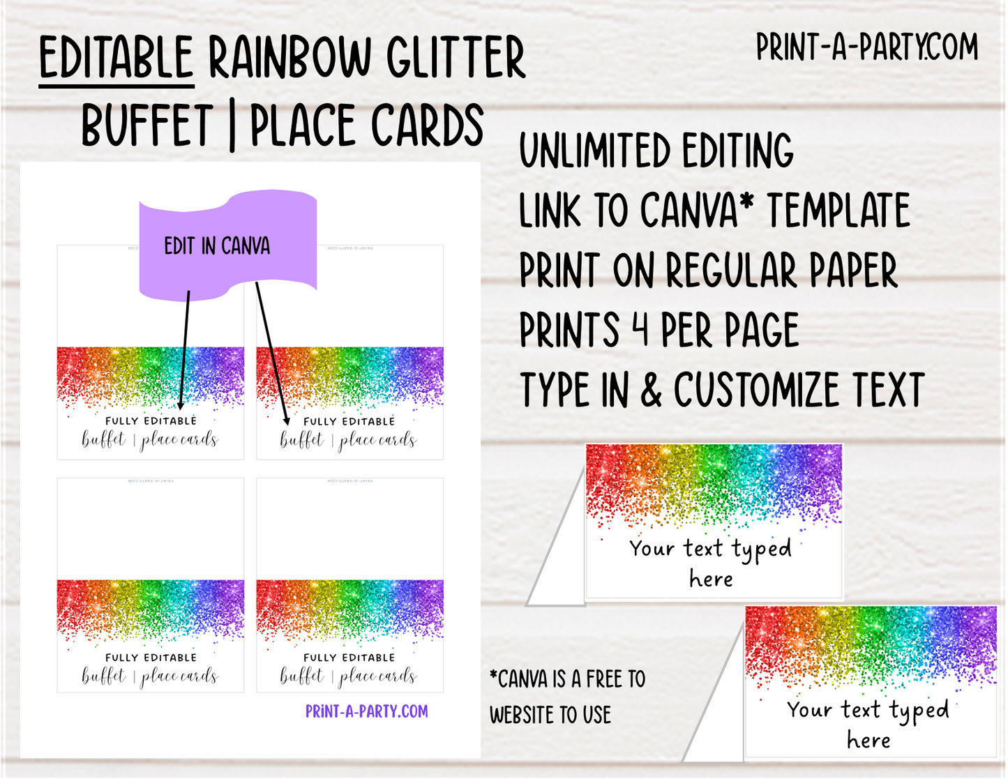 DIY Printable or Editable Buffet Food Label Cards or Seating Place Cards | GLITTER Theme Designs | Place Card Signs | Buffet Labels | Food Labels | Party Labels | Birthdays | Weddings | Showers | Babies