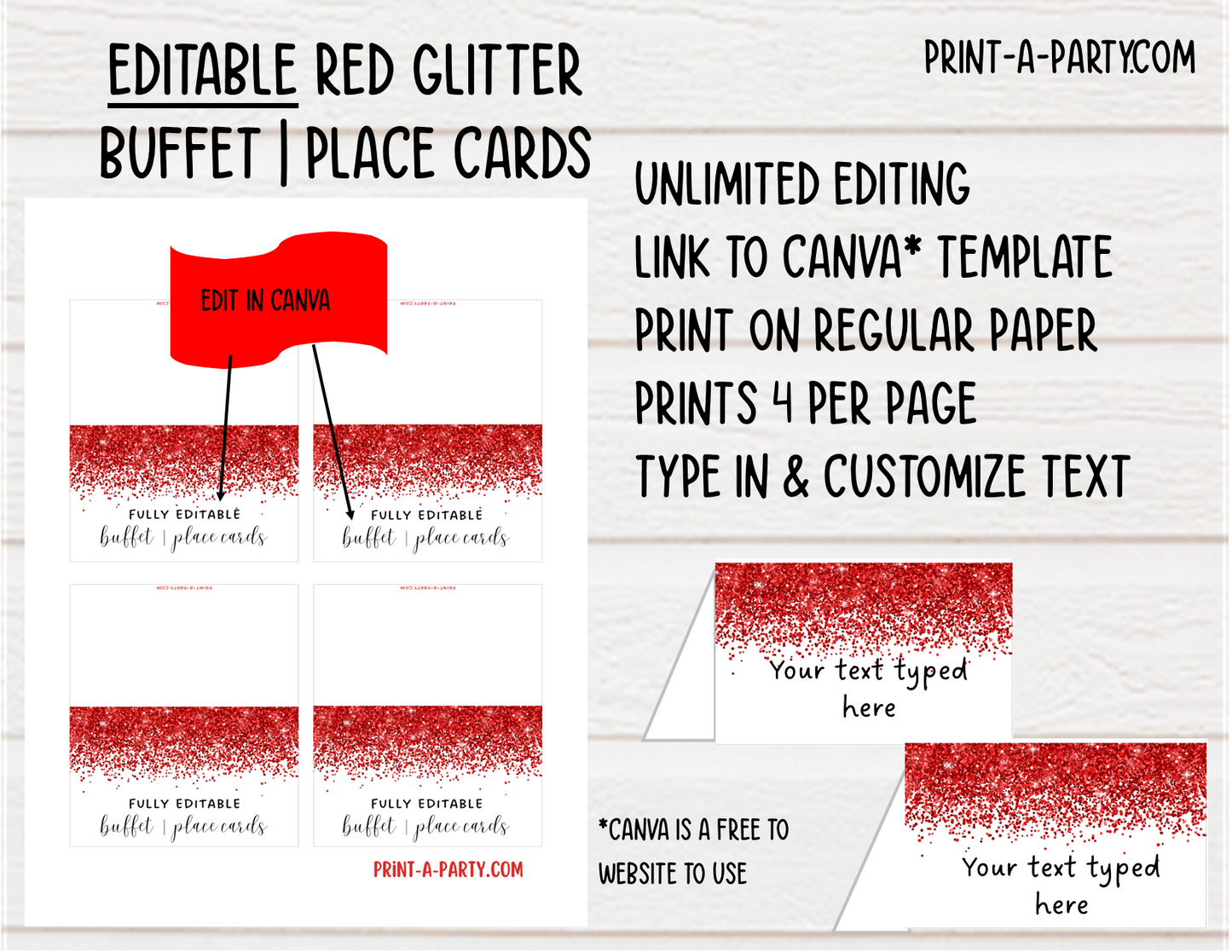 DIY Printable or Editable Buffet Food Label Cards or Seating Place Cards | GLITTER Theme Designs | Place Card Signs | Buffet Labels | Food Labels | Party Labels | Birthdays | Weddings | Showers | Babies