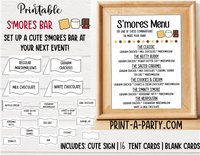 S'MORES BAR Setup | Make your own S'Mores Sign | SMores Labels | 4th of July | Summer Parties | Birthdays | Weddings | Showers | Fall | DIY Smores Bar