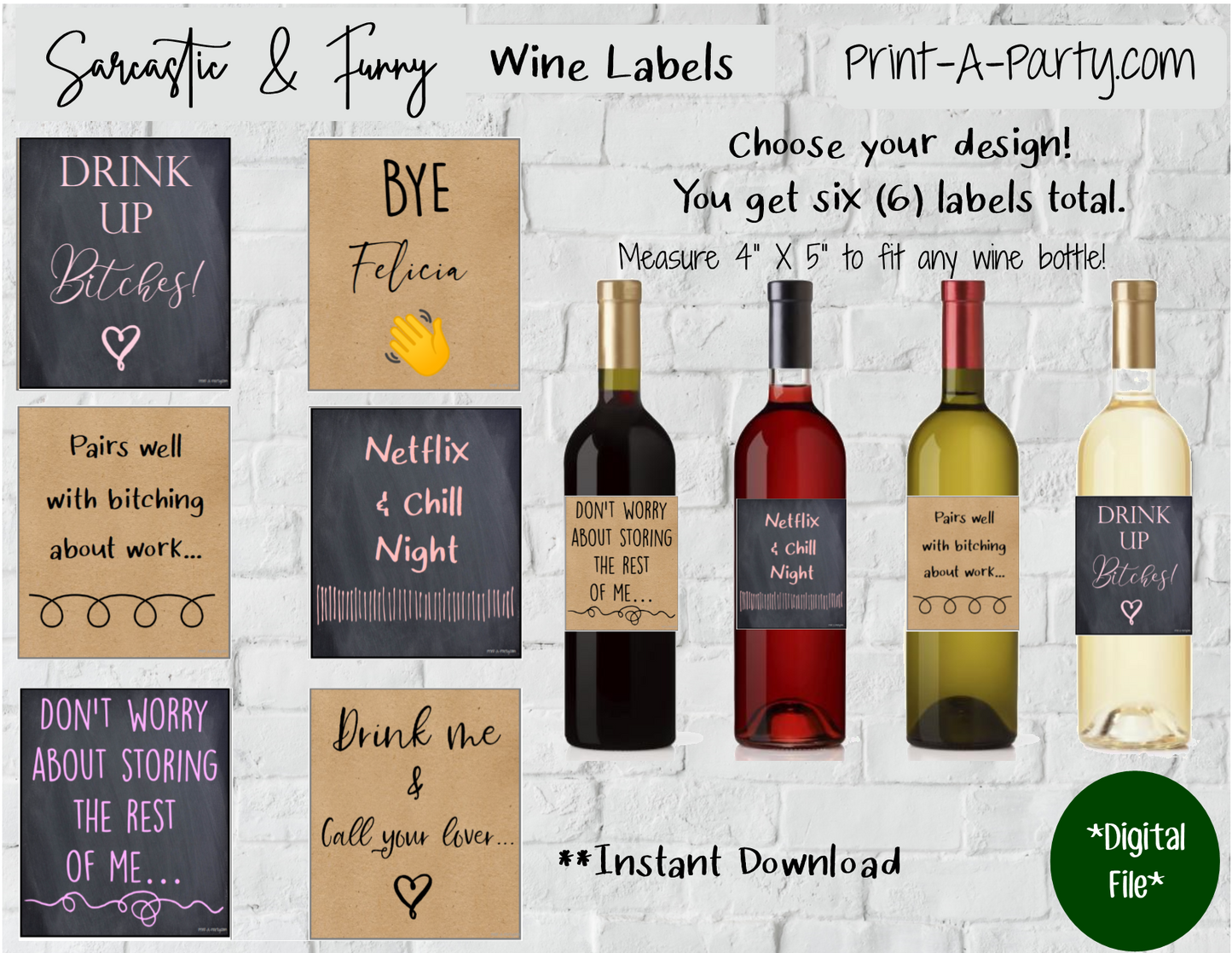 WINE LABELS: Friends | Girlfriends | Girls Night Out | Bachelorette Party | Sarcastic Funny (6) Labels - INSTANT DOWNLOAD - Use again and again!
