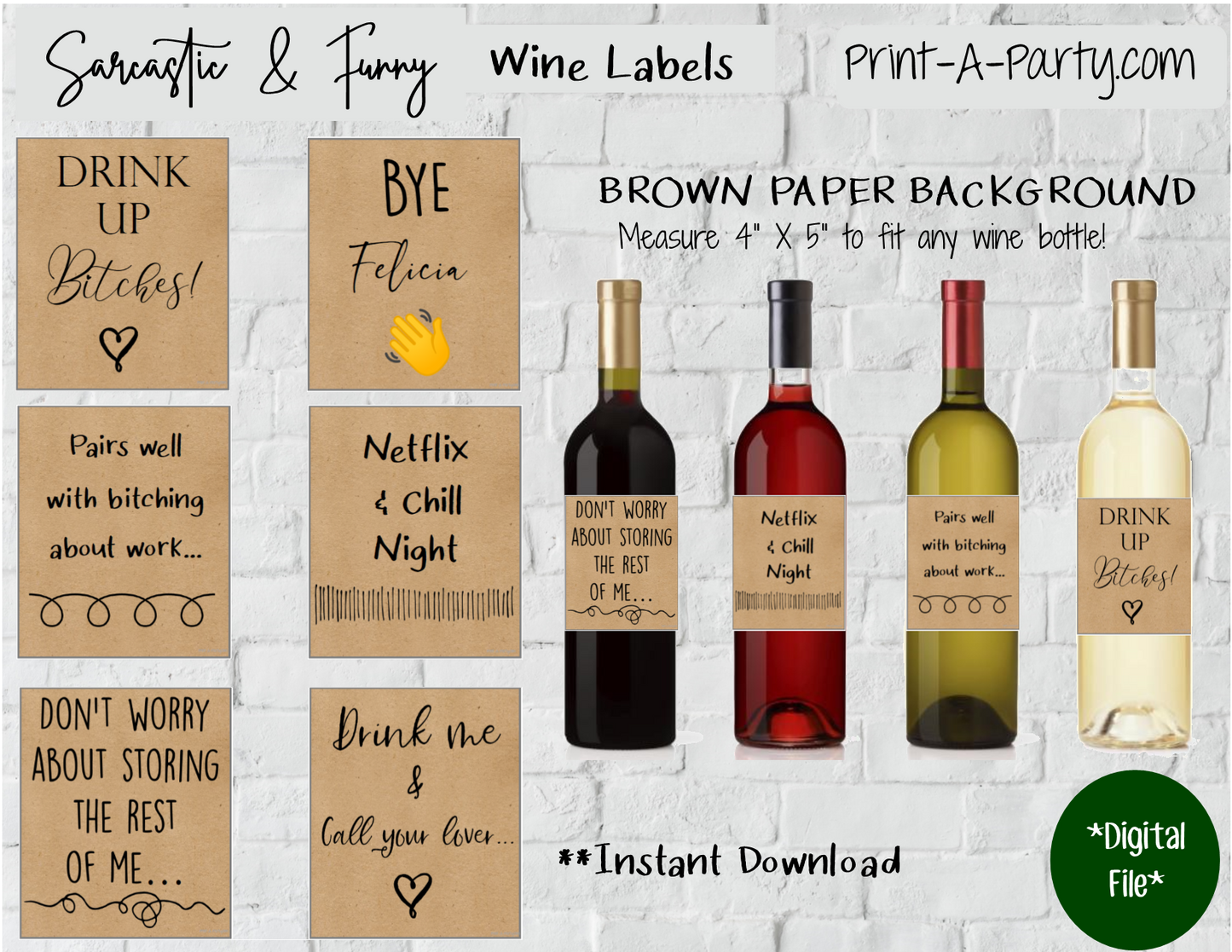 WINE LABELS: Friends | Girlfriends | Girls Night Out | Bachelorette Party | Sarcastic Funny (6) Labels - INSTANT DOWNLOAD - Use again and again!