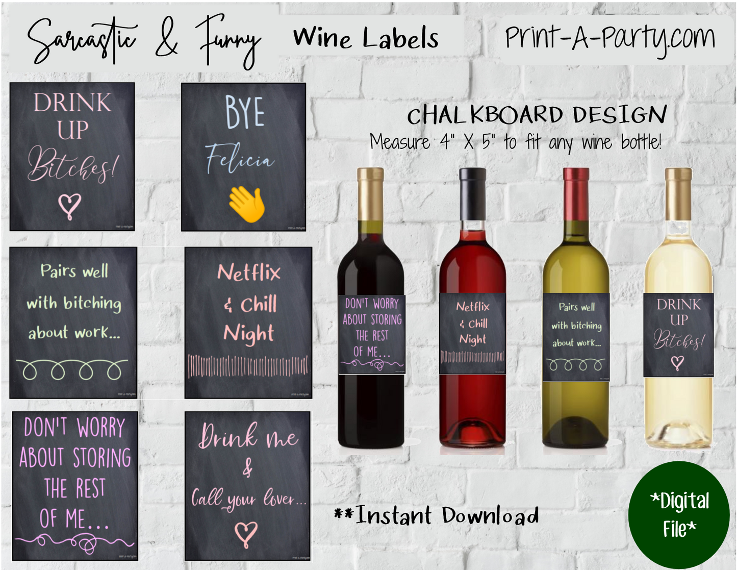 WINE LABELS: Friends | Girlfriends | Girls Night Out | Bachelorette Party | Sarcastic Funny (6) Labels - INSTANT DOWNLOAD - Use again and again!