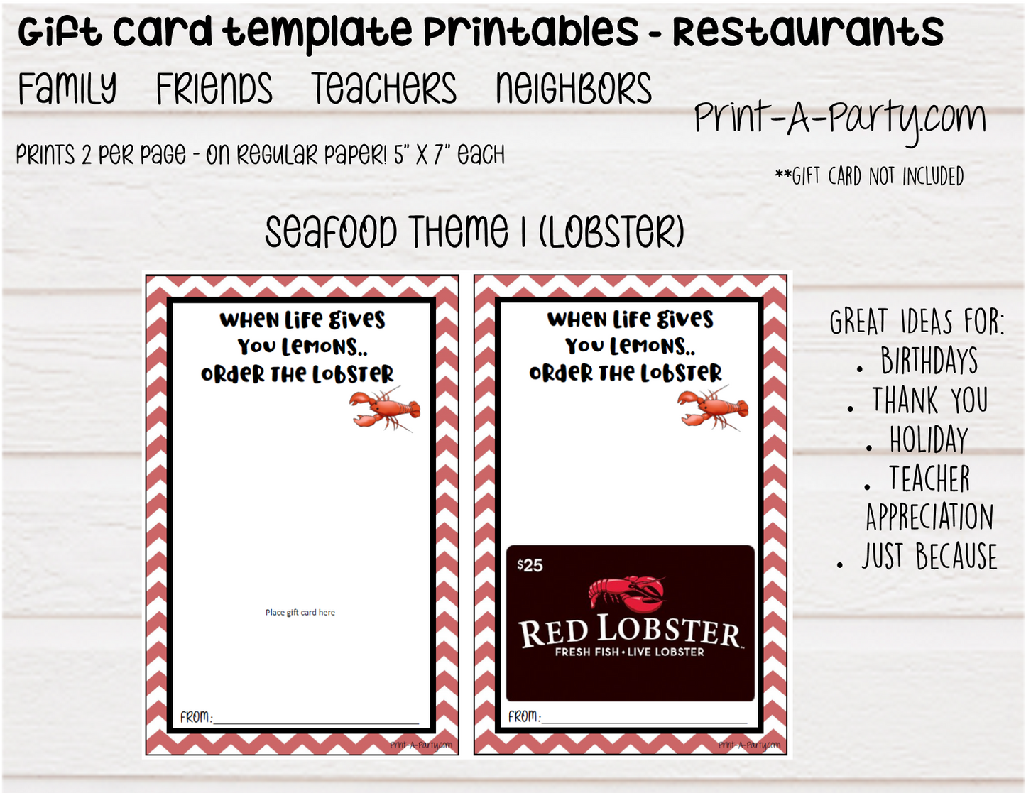 GIFT CARD Templates | Restaurants | Whataburger | Red Lobster | Pasta | Tacos | Coffee | Starbucks and more - INSTANT DOWNLOAD - Use each year!