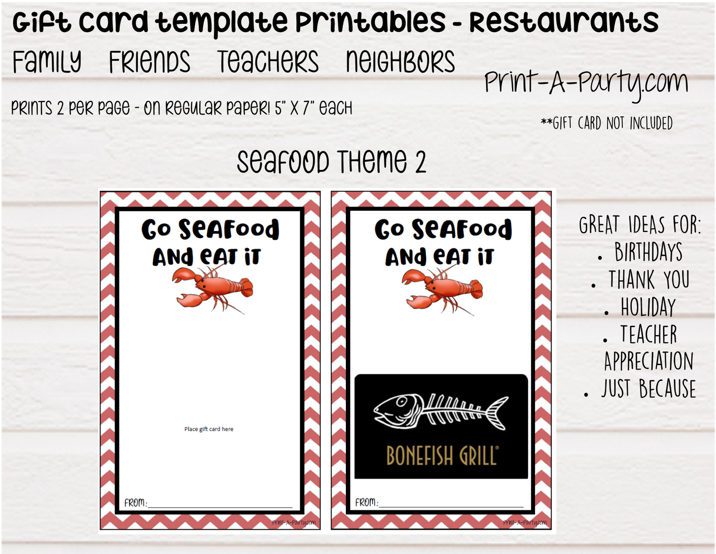 GIFT CARD Templates | Restaurants | Whataburger | Red Lobster | Pasta | Tacos | Coffee | Starbucks and more - INSTANT DOWNLOAD - Use each year!