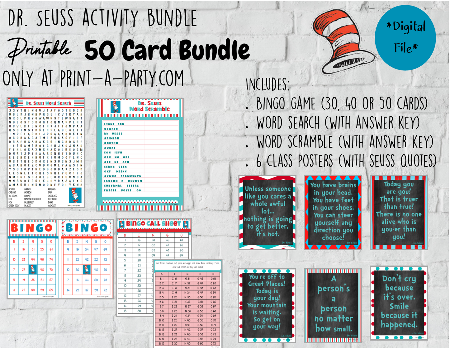 ACTIVITY BUNDLE: Dr. Seuss | Classrooms | Parties | Activities | Bingo | Word Search | Word Scramble | Class Posters INSTANT DOWNLOAD