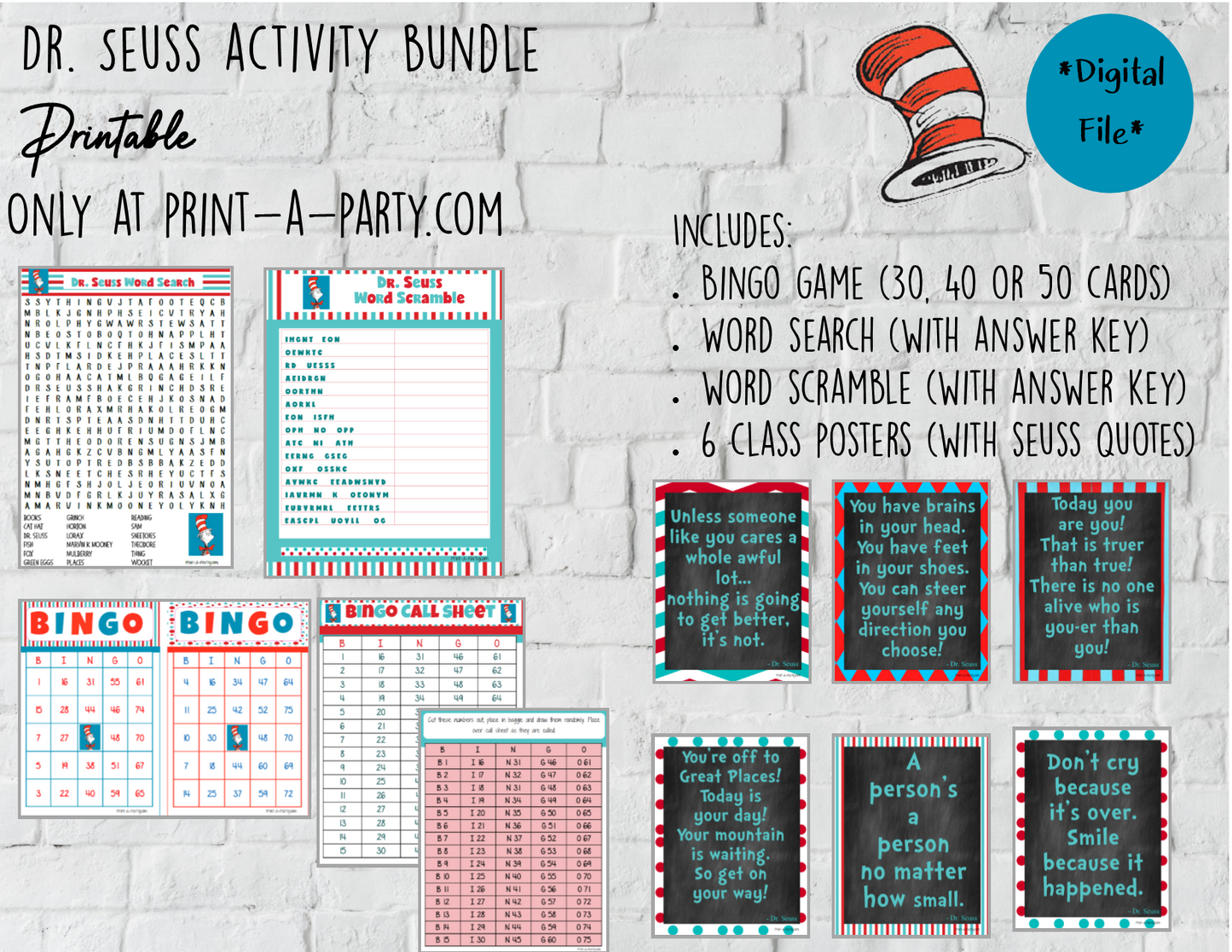 ACTIVITY BUNDLE: Dr. Seuss | Classrooms | Parties | Activities | Bingo | Word Search | Word Scramble | Class Posters INSTANT DOWNLOAD
