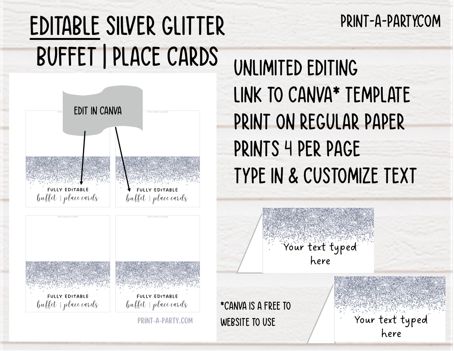 DIY Printable or Editable Buffet Food Label Cards or Seating Place Cards | GLITTER Theme Designs | Place Card Signs | Buffet Labels | Food Labels | Party Labels | Birthdays | Weddings | Showers | Babies