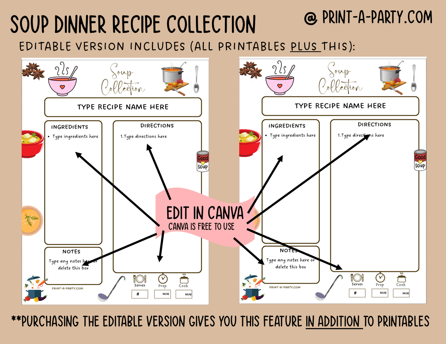 DIY Cookbook | SOUP Recipe Collection | PRINTABLE OR EDITABLE | Planner and Binder Size | Meal Plan | Planner Recipes | Binder Recipes