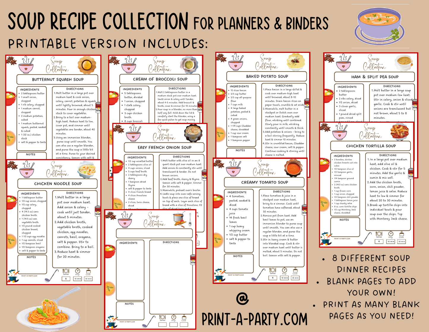 DIY Cookbook | SOUP Recipe Collection | PRINTABLE OR EDITABLE | Planner and Binder Size | Meal Plan | Planner Recipes | Binder Recipes