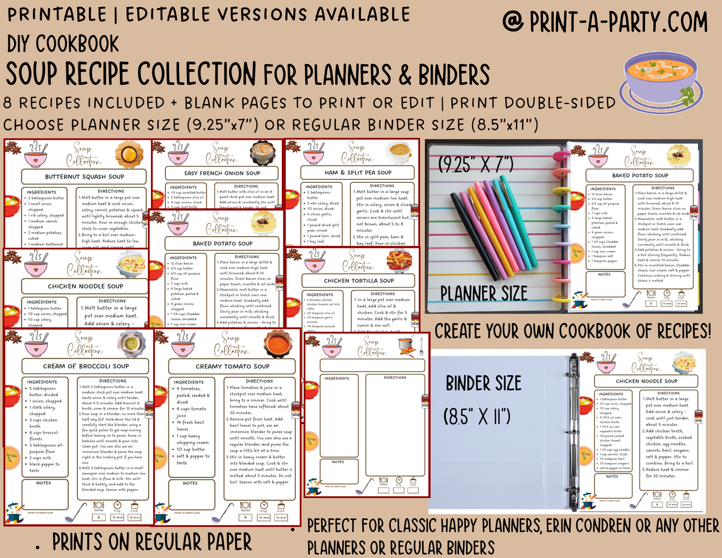 DIY Cookbook | SOUP Recipe Collection | PRINTABLE OR EDITABLE | Planner and Binder Size | Meal Plan | Planner Recipes | Binder Recipes