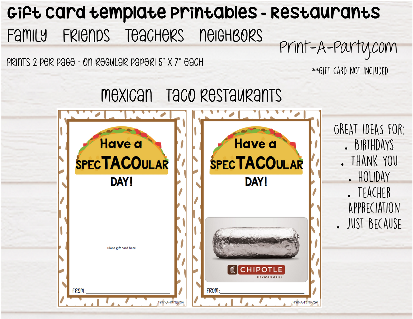 GIFT CARD Templates | Restaurants | Whataburger | Red Lobster | Pasta | Tacos | Coffee | Starbucks and more - INSTANT DOWNLOAD - Use each year!