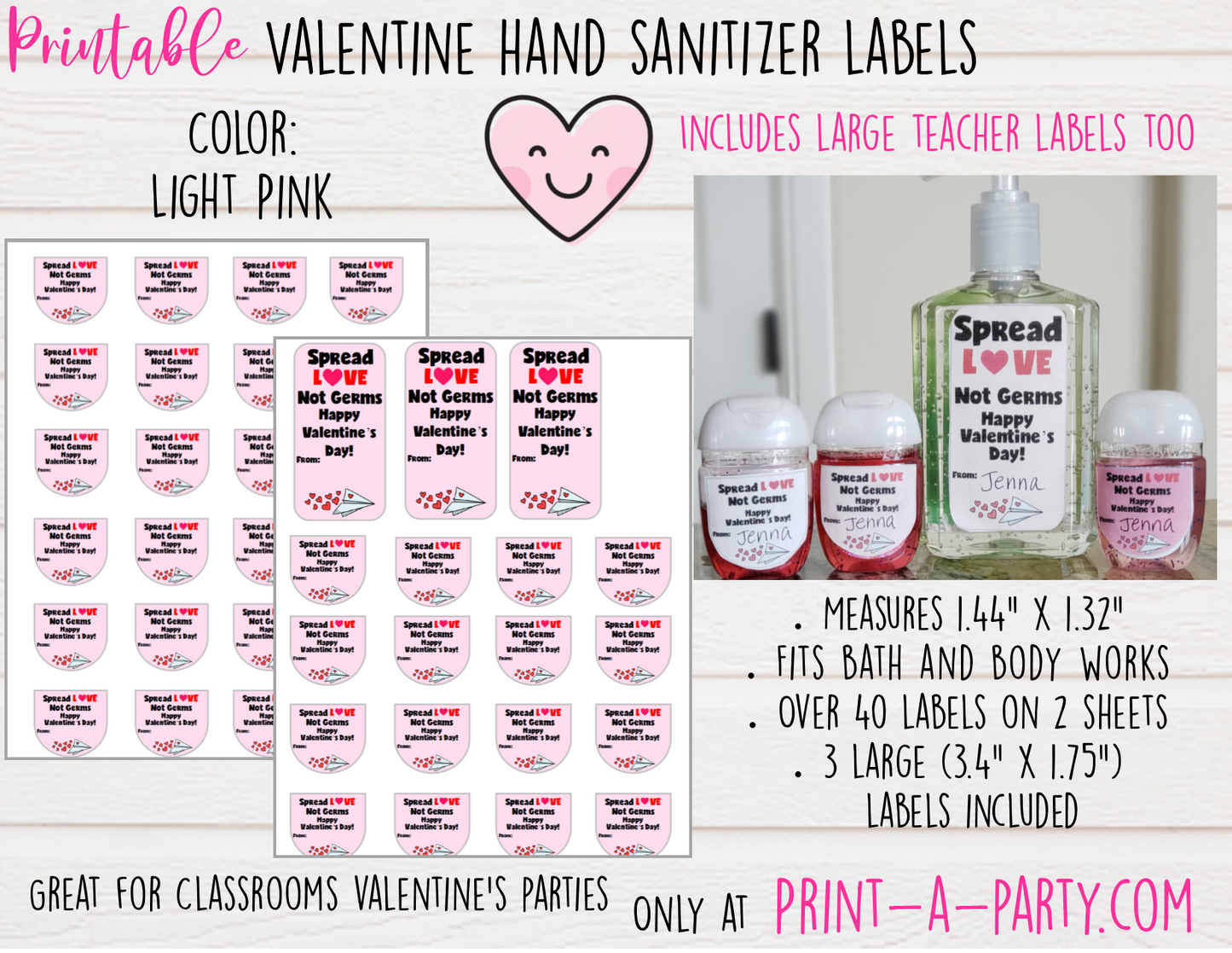 HAND SANITIZER LABELS | Printable Valentine's Day Hand Sanitizers | Spread Love Not Germs - INSTANT DOWNLOAD