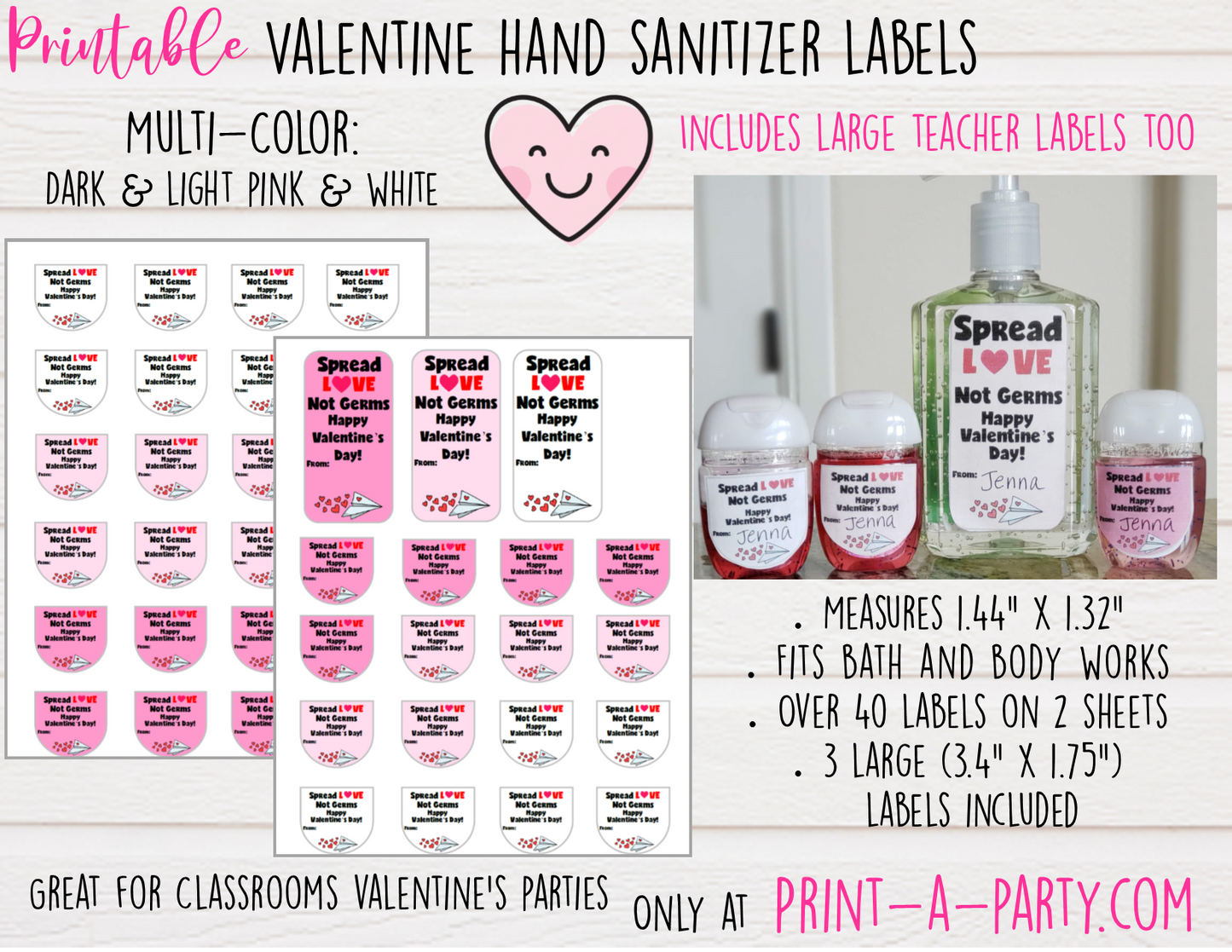 HAND SANITIZER LABELS | Printable Valentine's Day Hand Sanitizers | Spread Love Not Germs - INSTANT DOWNLOAD
