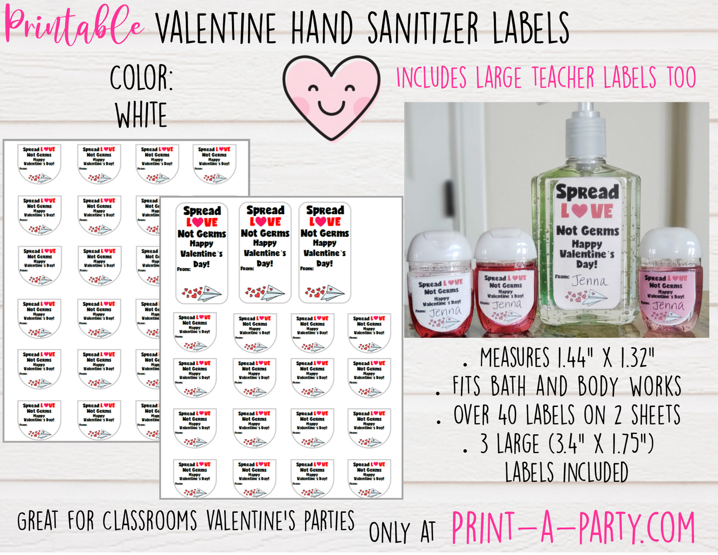 HAND SANITIZER LABELS | Printable Valentine's Day Hand Sanitizers | Spread Love Not Germs - INSTANT DOWNLOAD