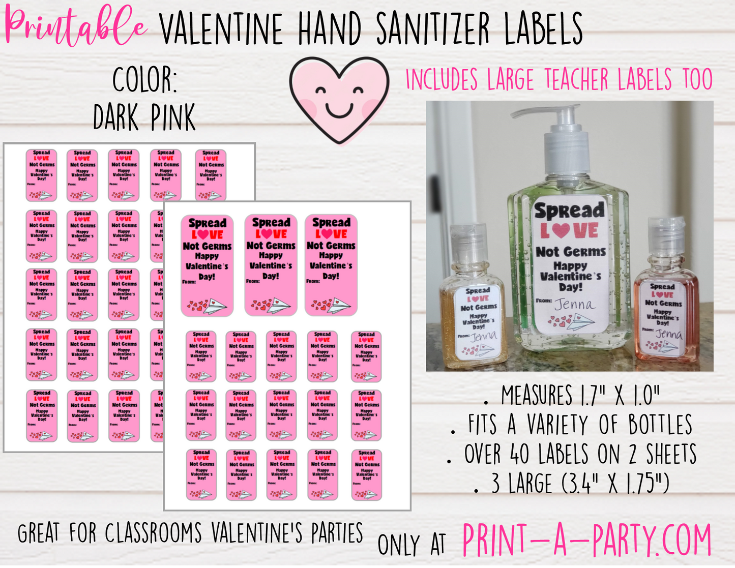HAND SANITIZER LABELS | Printable Valentine's Day Hand Sanitizers | Spread Love Not Germs - INSTANT DOWNLOAD
