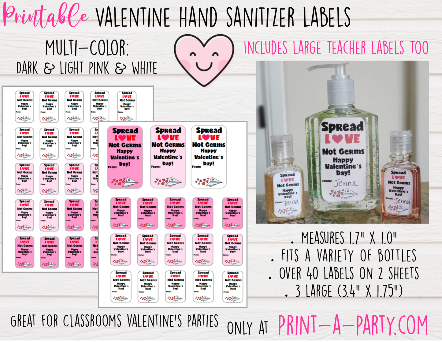 HAND SANITIZER LABELS | Printable Valentine's Day Hand Sanitizers | Spread Love Not Germs - INSTANT DOWNLOAD