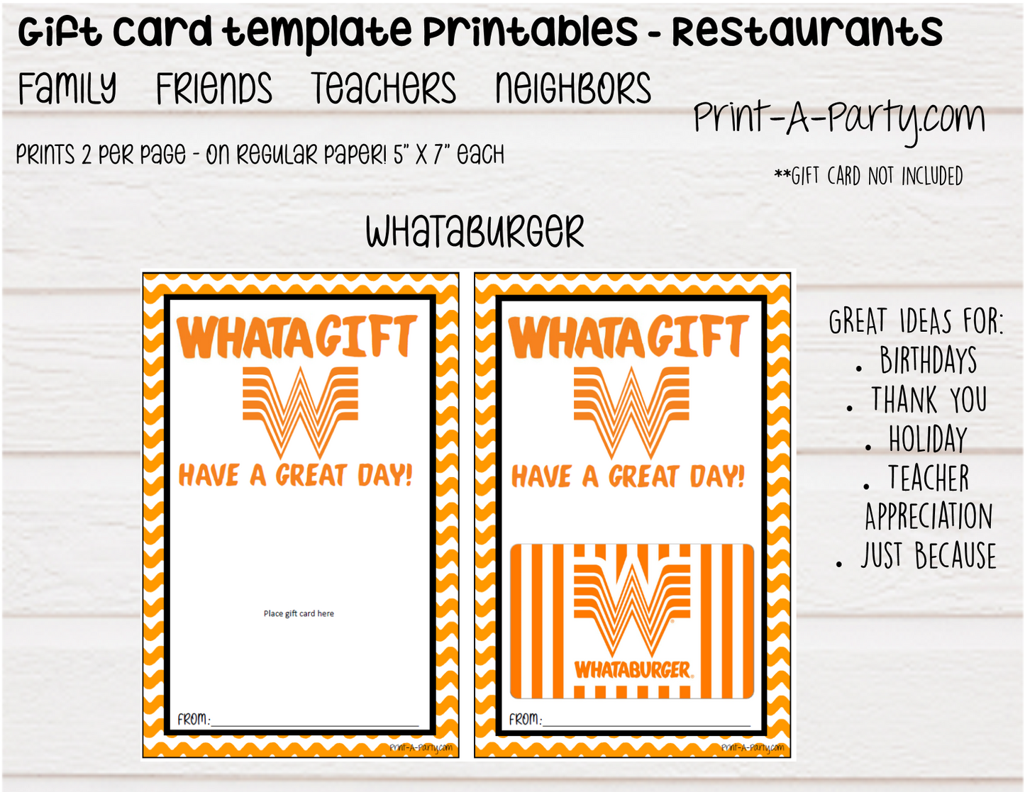 GIFT CARD Templates | Restaurants | Whataburger | Red Lobster | Pasta | Tacos | Coffee | Starbucks and more - INSTANT DOWNLOAD - Use each year!