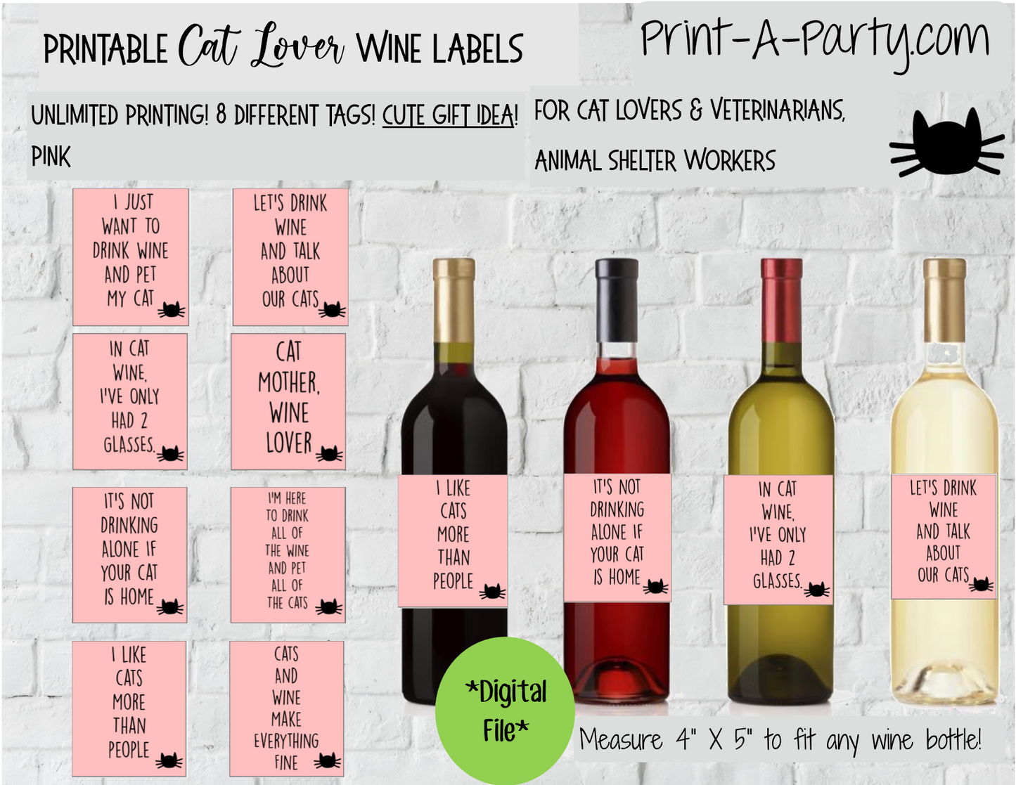 WINE LABELS: Animals | Cat Lovers Wine (8) | Cat Lovers | Veterinarians | Altbash Party | Pet Adoption Party - INSTANT DOWNLOAD