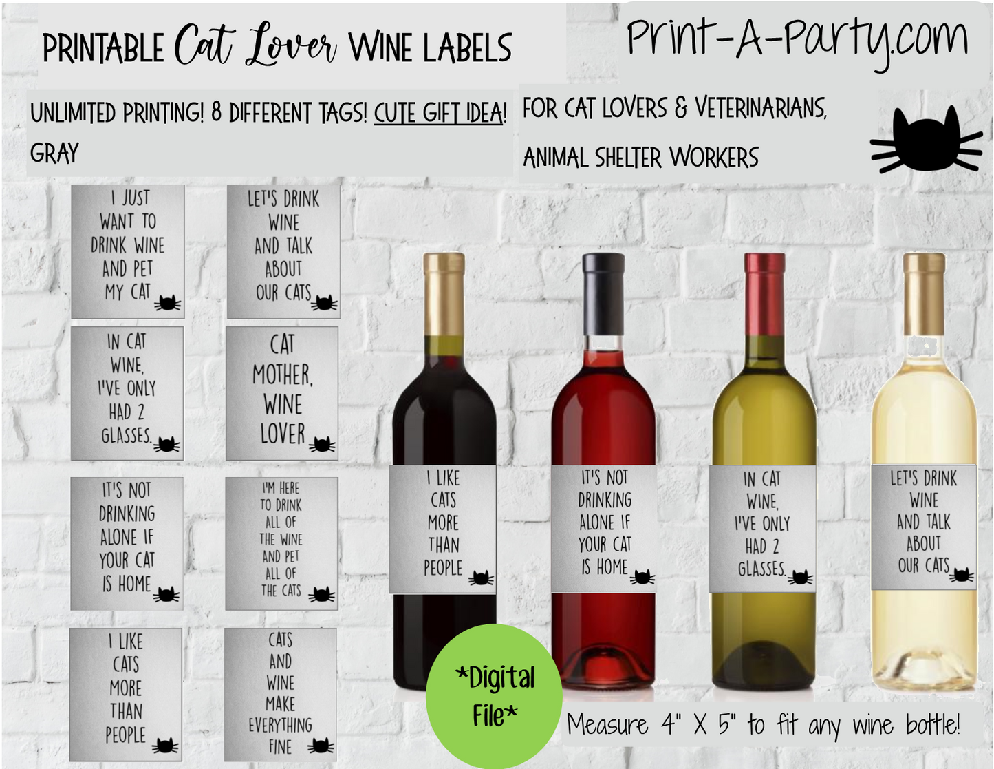 WINE LABELS: Animals | Cat Lovers Wine (8) | Cat Lovers | Veterinarians | Altbash Party | Pet Adoption Party - INSTANT DOWNLOAD