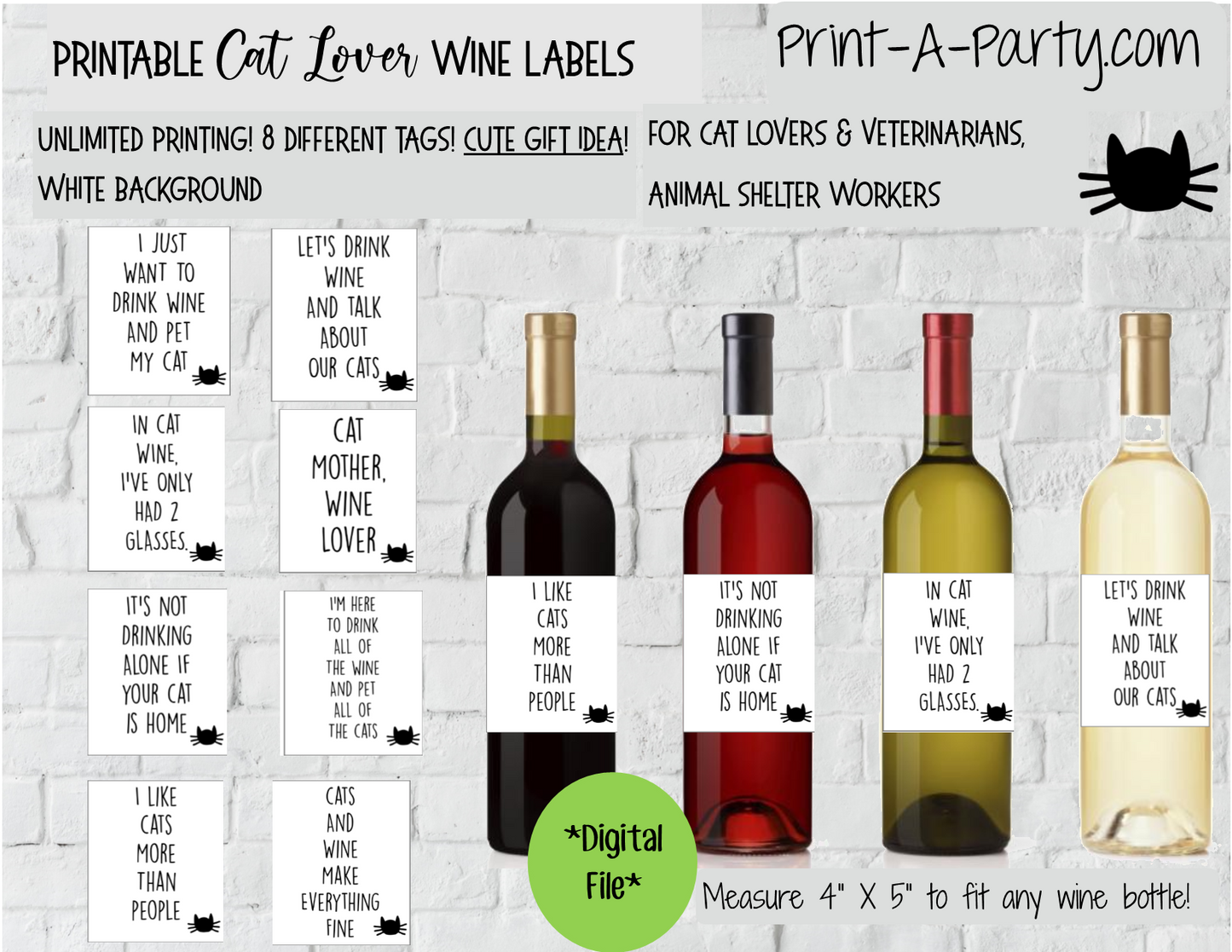 WINE LABELS: Animals | Cat Lovers Wine (8) | Cat Lovers | Veterinarians | Altbash Party | Pet Adoption Party - INSTANT DOWNLOAD