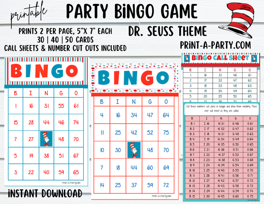 BINGO: Dr. Seuss | Classrooms | Parties | Birthday | 30, 40, or 50 cards - INSTANT DOWNLOAD