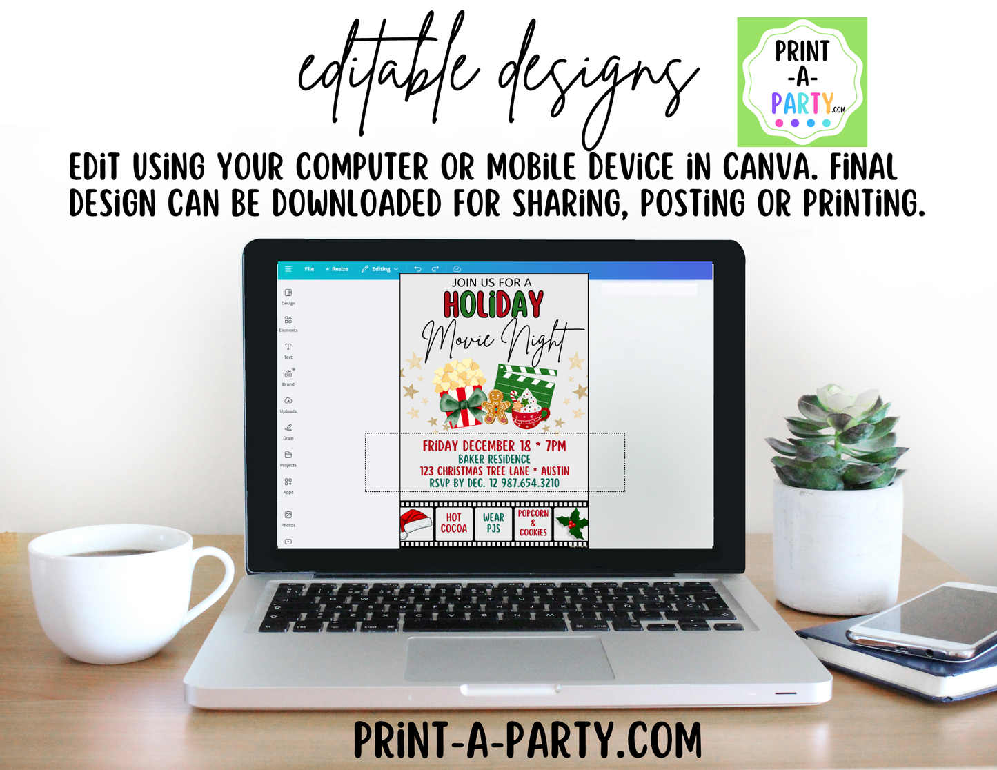 Holiday Movie Night Invitation | Editable Canva Christmas Movie Night Invite