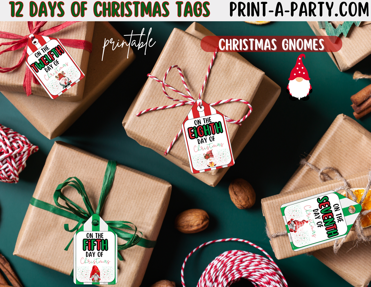 CHRISTMAS HOLIDAY GIFT | 12 Days of Christmas Gift Tags - Christmas Gnomes | Printable Gift Tags | Christmas Gift Idea | Holiday Gift Tags | Holiday Gnomes