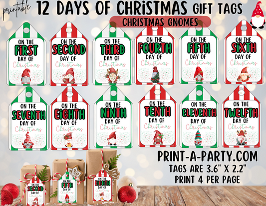 CHRISTMAS HOLIDAY GIFT | 12 Days of Christmas Gift Tags - Christmas Gnomes | Printable Gift Tags | Christmas Gift Idea | Holiday Gift Tags | Holiday Gnomes