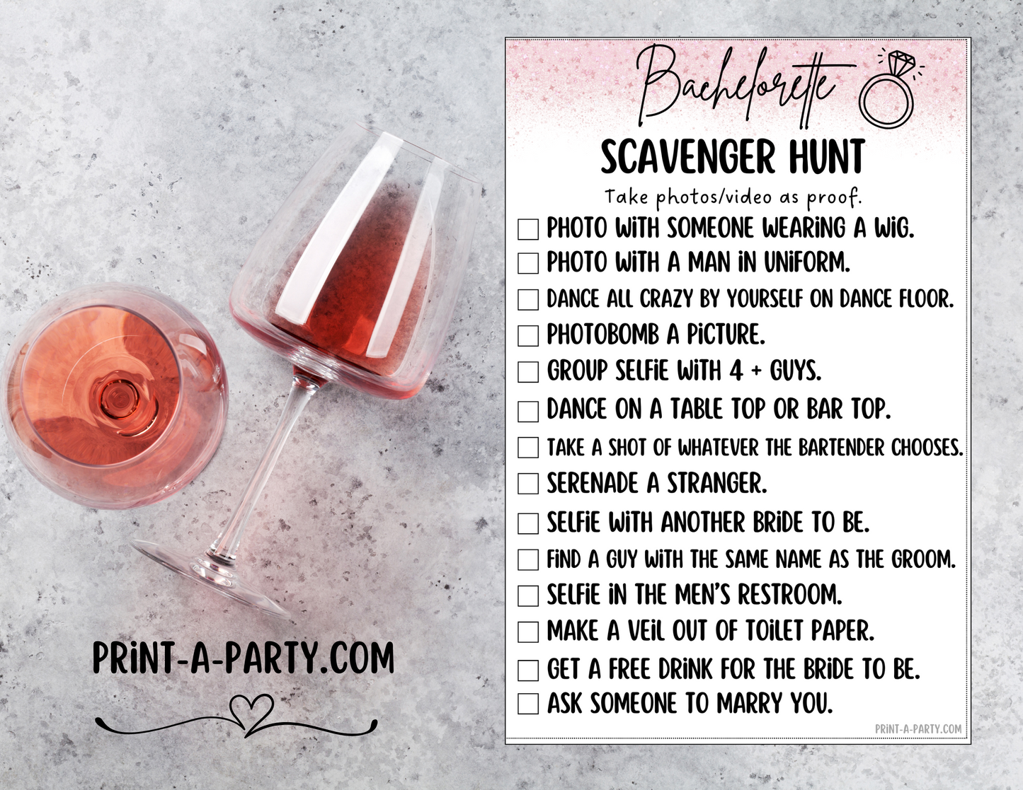 BACHELORETTE PARTY Scavenger Hunt Game Printable - Sparkles Theme | Hen Party | Fun tasks for the Bride to complete | Bachelorette Party Game | Bachelorette Party Idea