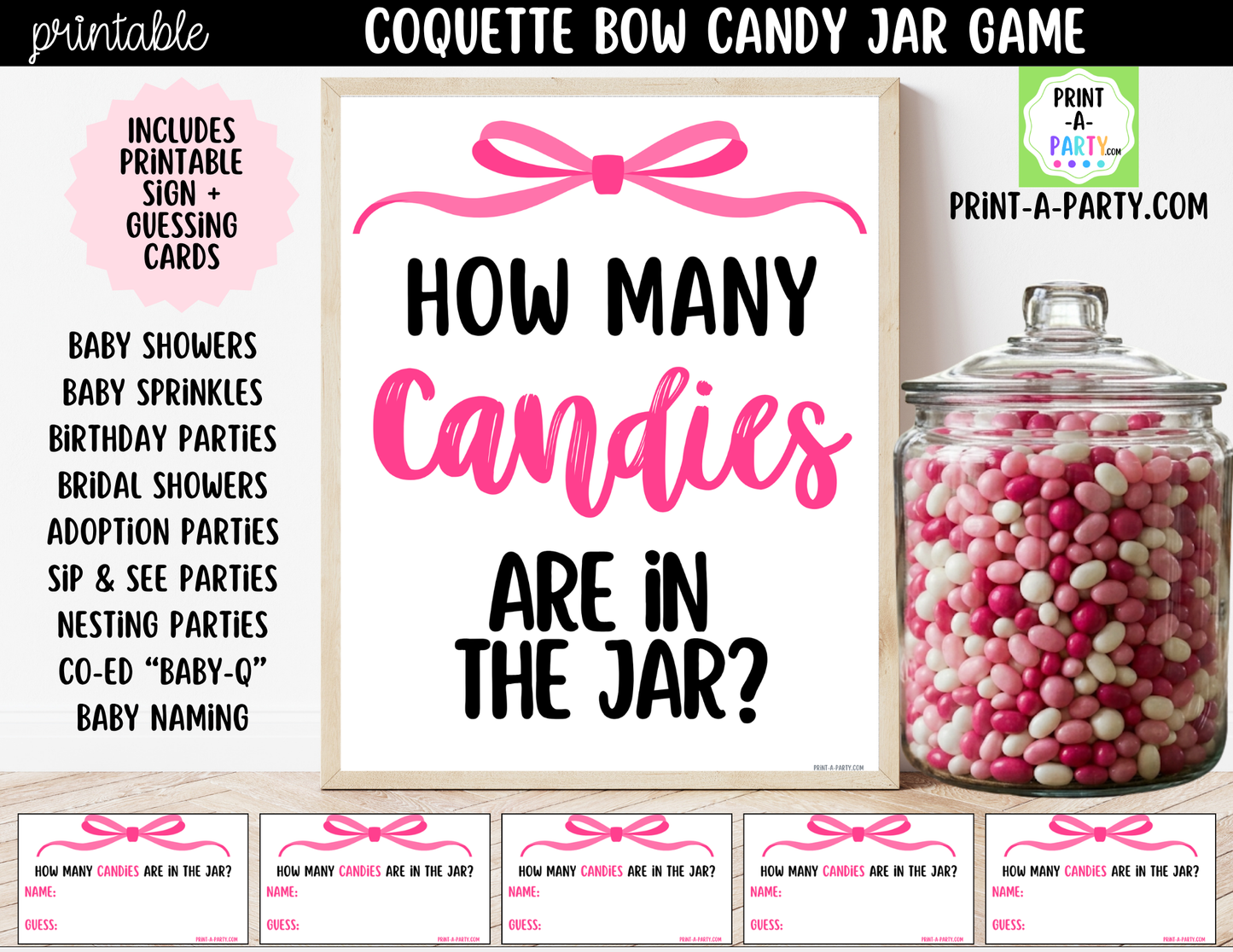 Pink Coquette Bow Candy Jar Game Printable Sign (8x10) & Guessing Cards for parties and showers