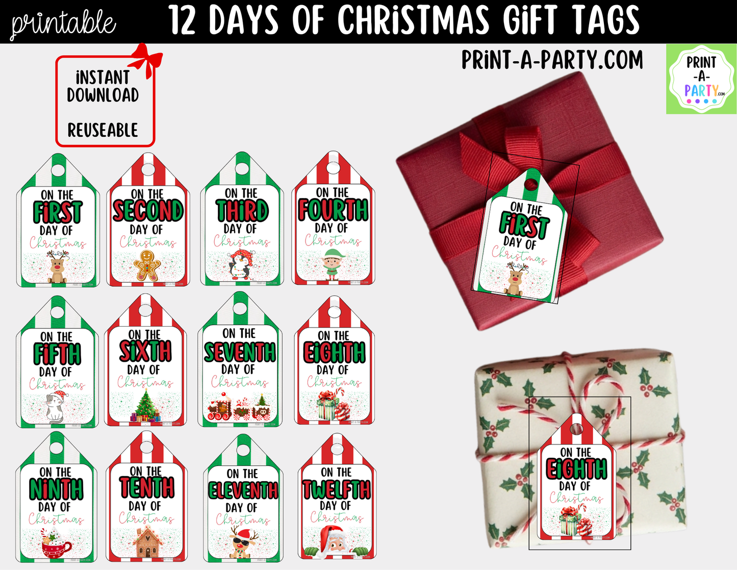 12 Days of Christmas Gift Tags Printable - 12 Unique Cute Christmas Designs