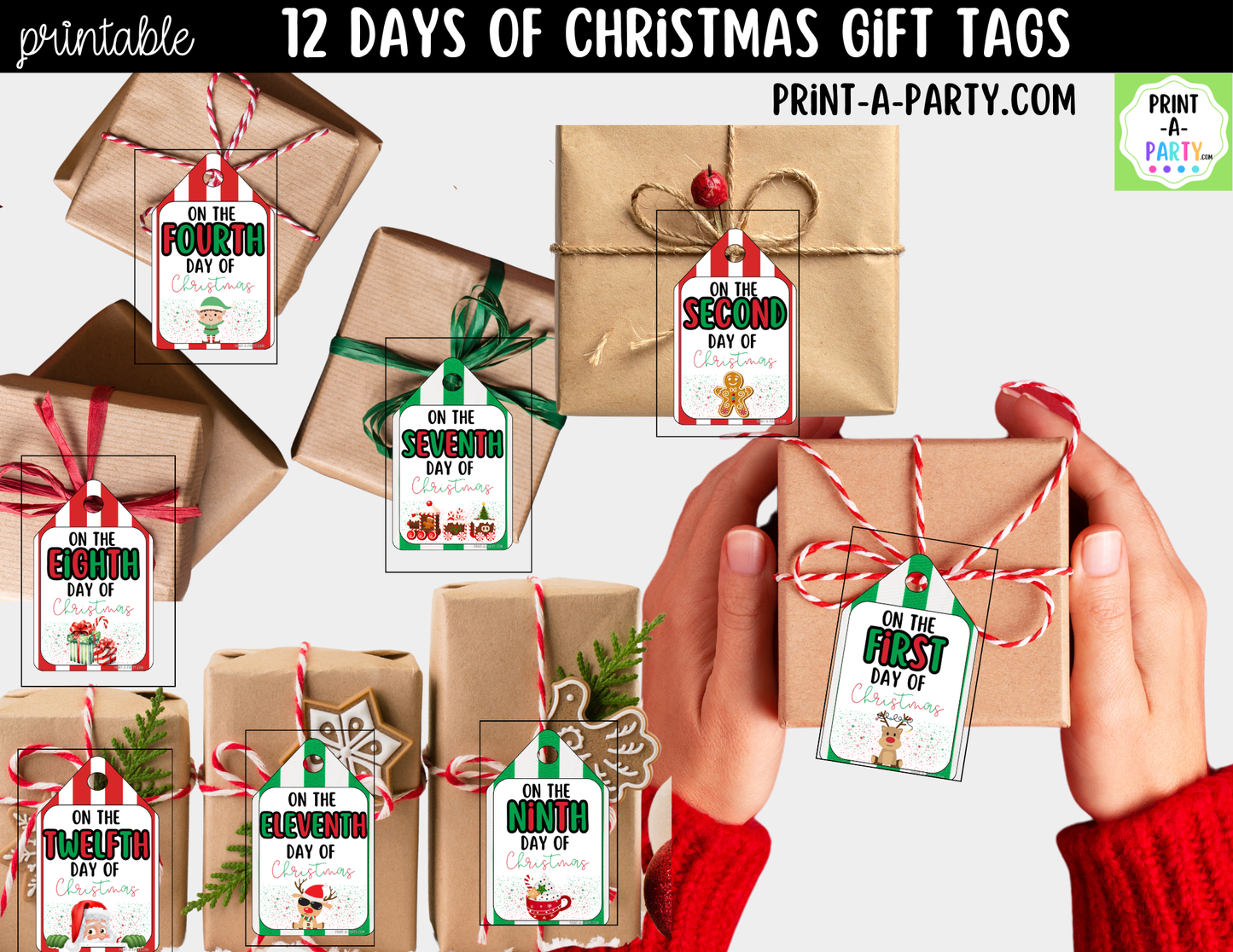 12 Days of Christmas Gift Tags Printable - 12 Unique Cute Christmas Designs