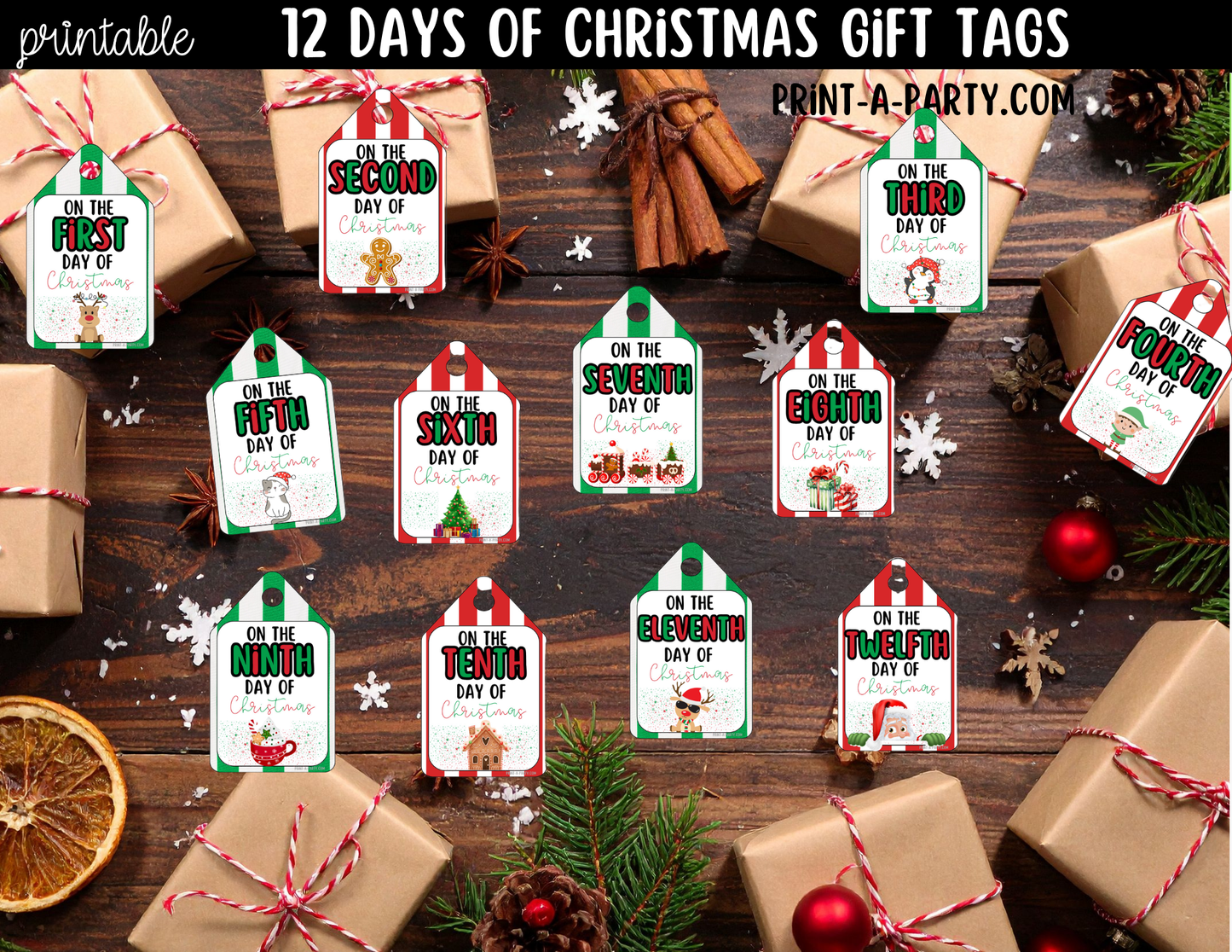 12 Days of Christmas Gift Tags Printable - 12 Unique Cute Christmas Designs