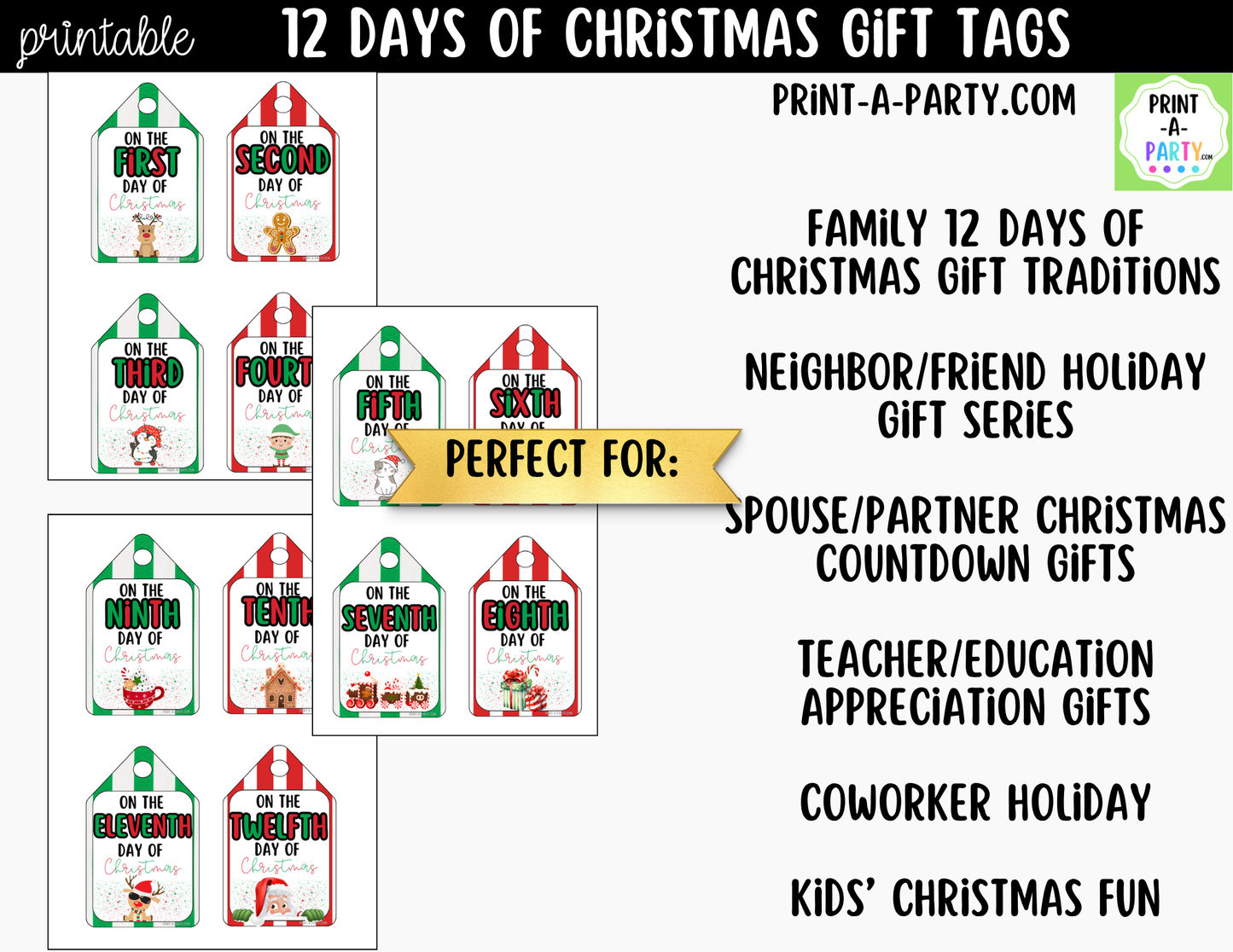 12 Days of Christmas Gift Tags Printable - 12 Unique Cute Christmas Designs