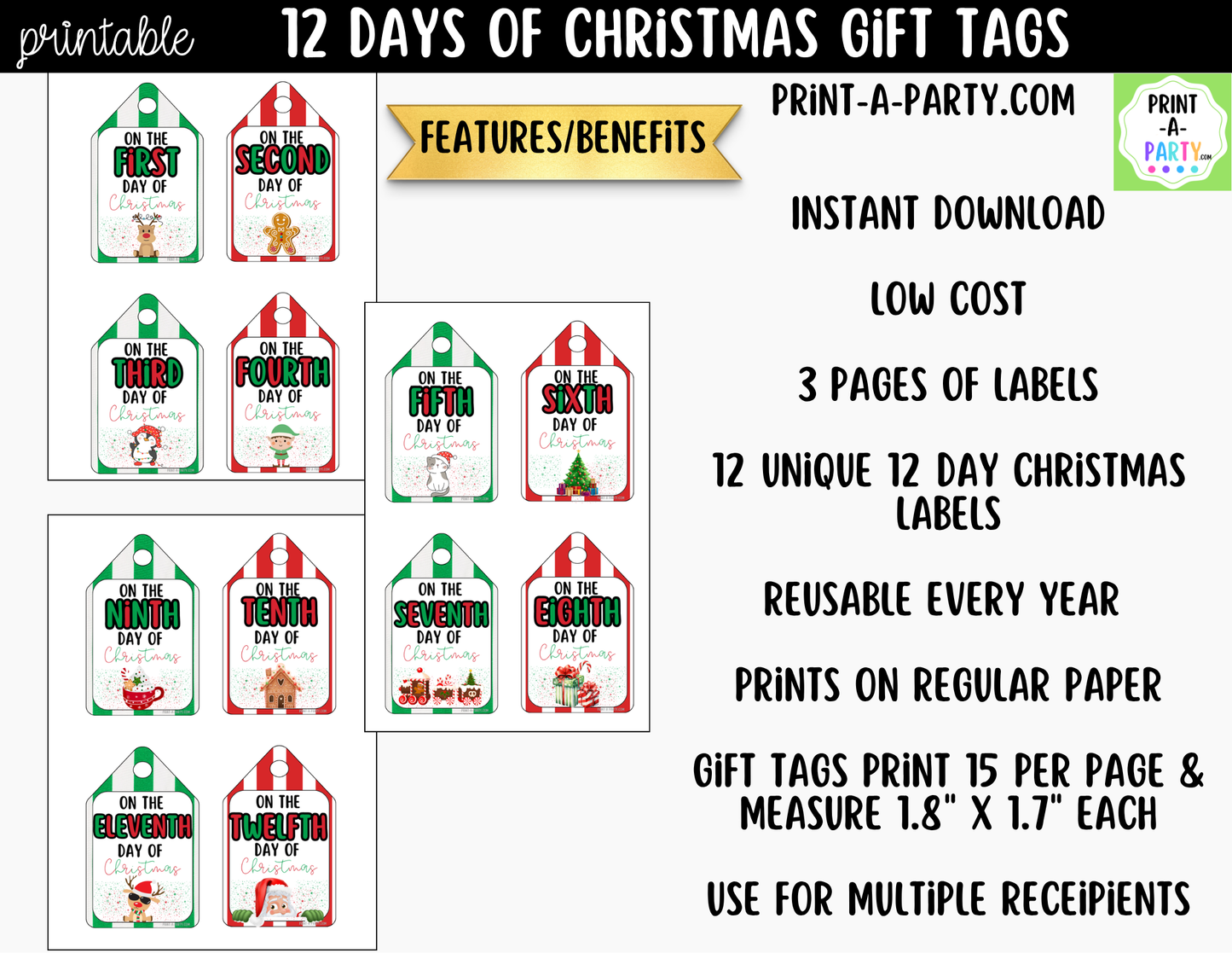 12 Days of Christmas Gift Tags Printable - 12 Unique Cute Christmas Designs