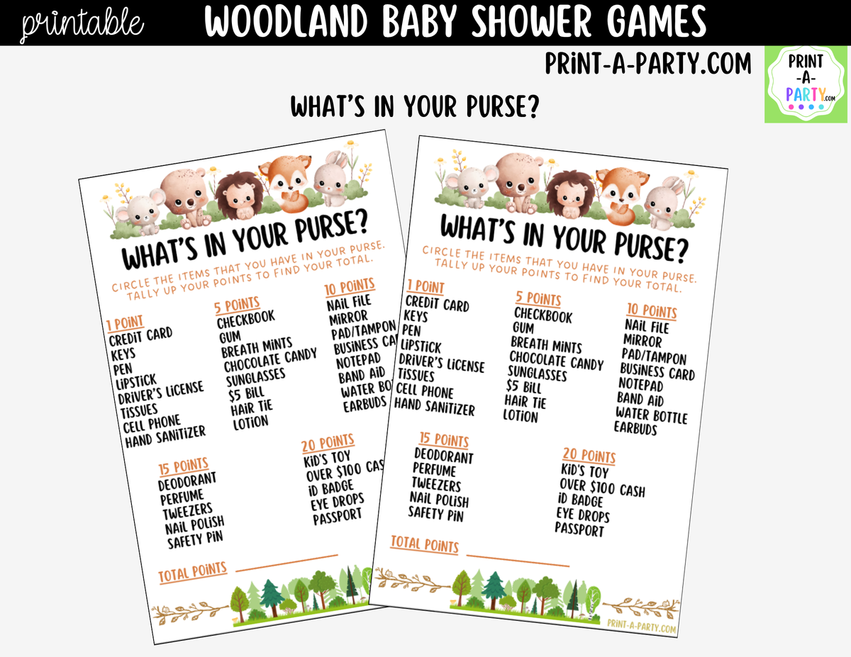 Woodland Baby Shower Games Printable | Forest Animals Bundle