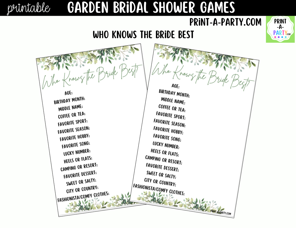 Garden Bridal Shower Games Printable Bundle