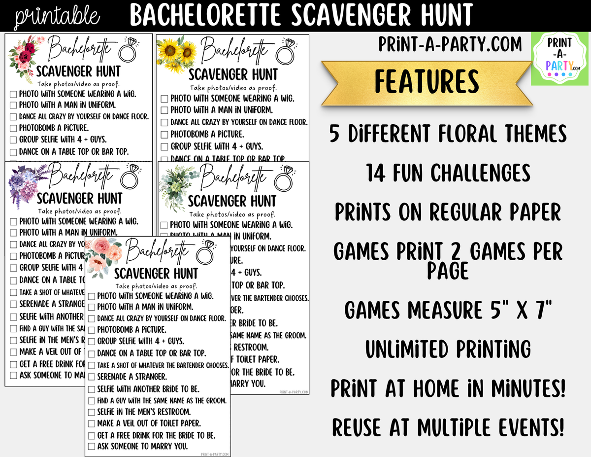Bachelorette Scavenger Hunt Game Printable - Floral Design
