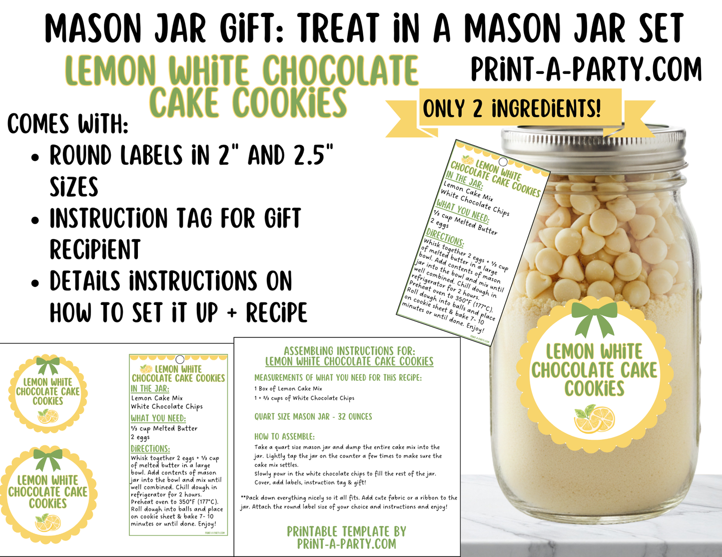 Lemon White Chocolate Cake Cookies in a Printable Mason Jar Gift - Labels & Tag, Recipe Instructions