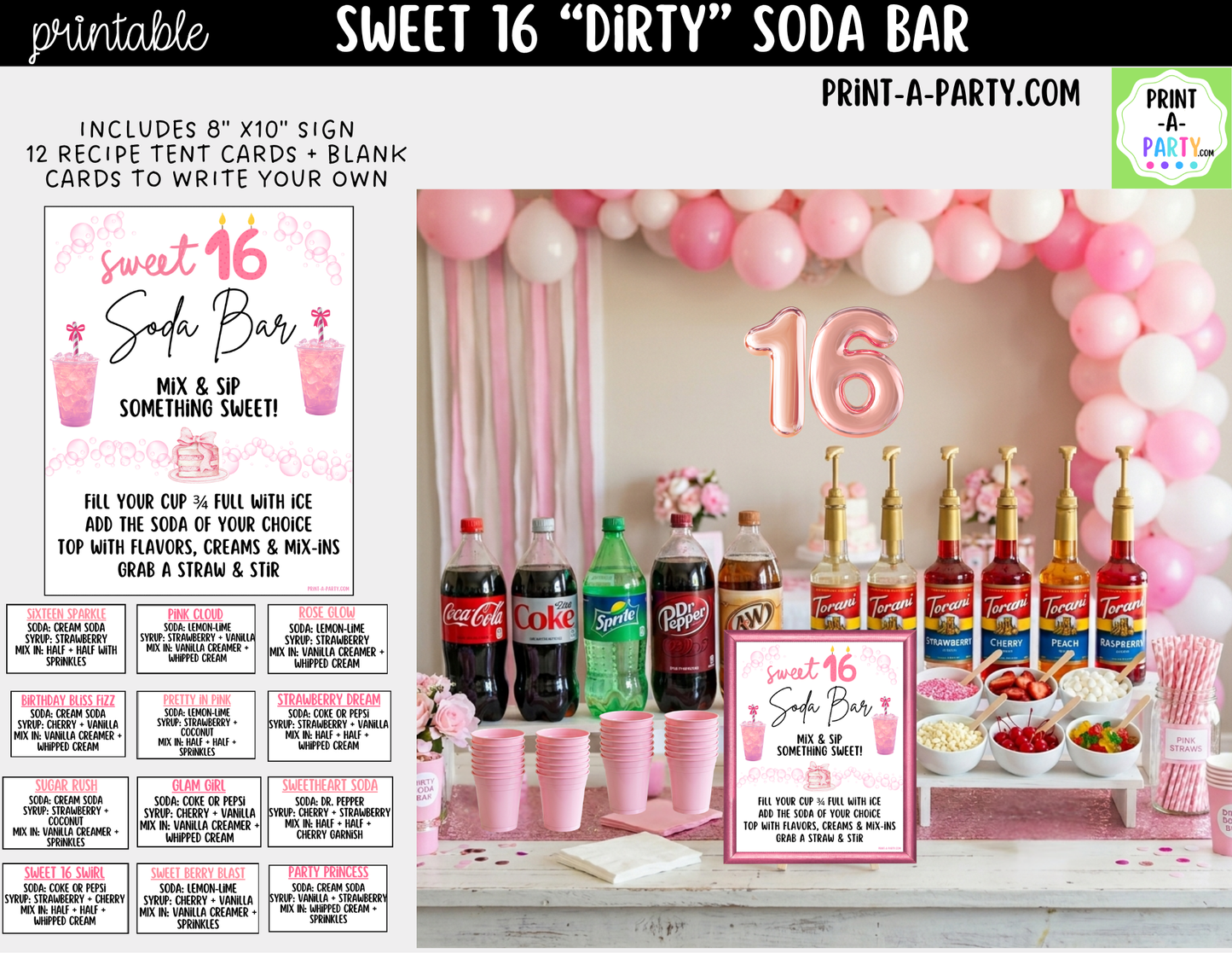 Sweet 16 Soda Bar Kit - Dirty Soda Sign (8x10) & Recipe Tent Cards (12 recipes!)