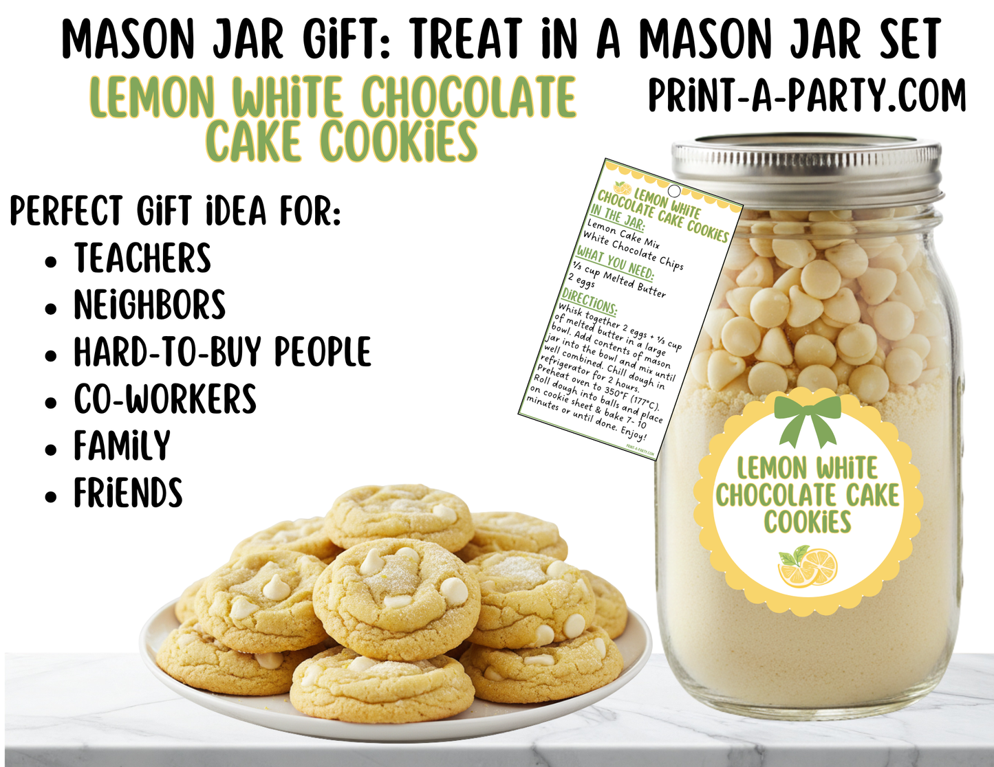 Lemon White Chocolate Cake Cookies in a Printable Mason Jar Gift - Labels & Tag, Recipe Instructions