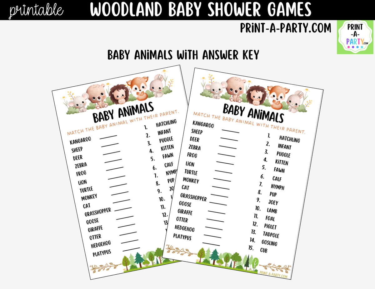 Woodland Baby Shower Games Printable | Forest Animals Bundle