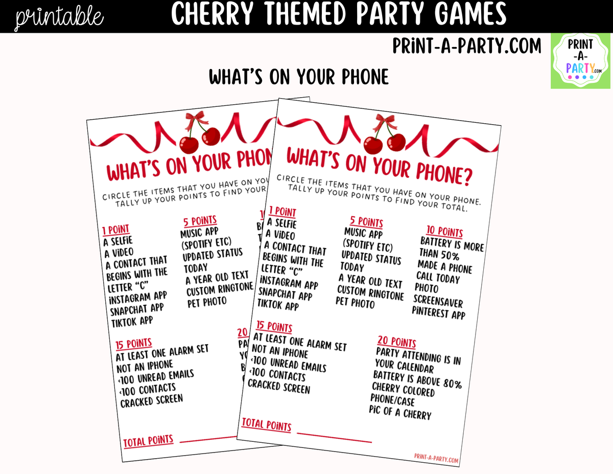 Cherry Party Games Printable | Cherry-themed Party Game Bundle