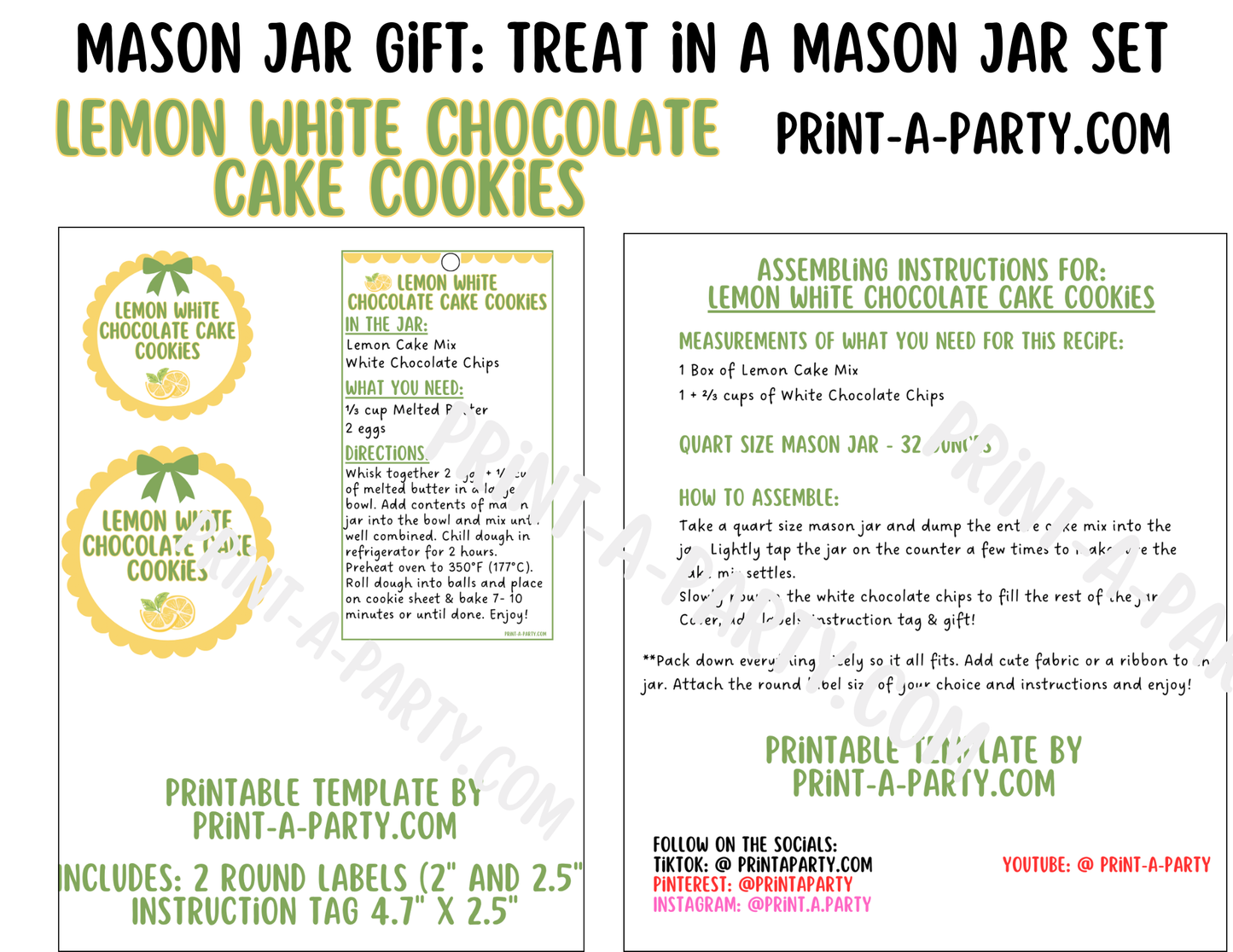Lemon White Chocolate Cake Cookies in a Printable Mason Jar Gift - Labels & Tag, Recipe Instructions