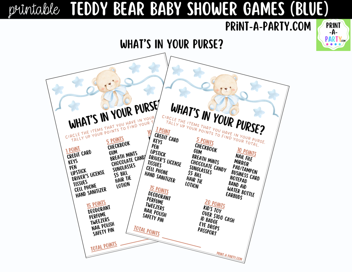 Teddy Bear Baby Shower Games Printable | Blue Teddy Bear Bundle